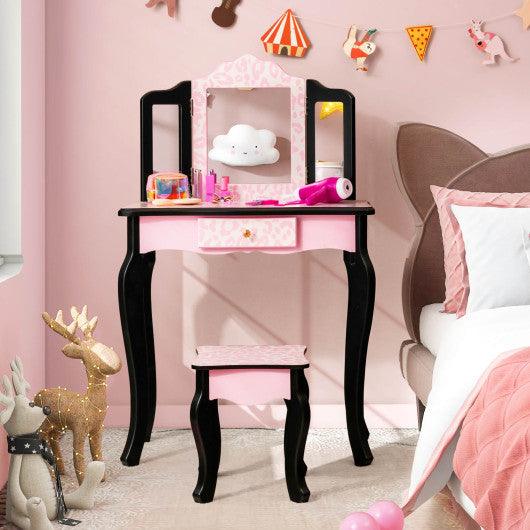 Kid Vanity Set with Tri-Folding Mirror and Leopard Print-Pink at Set Shop and Smile