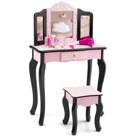 Kid Vanity Set with Tri-Folding Mirror and Leopard Print-Pink at Set Shop and Smile
