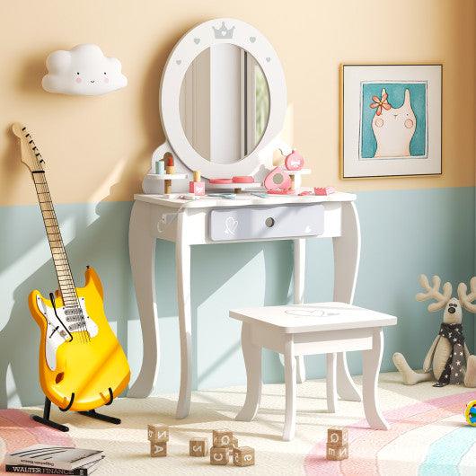 Kids 2-in-1 Princess Makeup Table and Chair Set with Removable Mirror-White at Set Shop and Smile