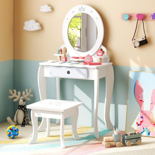 Kids 2-in-1 Princess Makeup Table and Chair Set with Removable Mirror-White at Set Shop and Smile