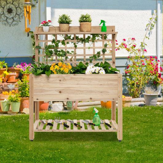 Wooden Raised Garden Bed with Wheels Trellis and Storage Shelf at Set Shop and Smile
