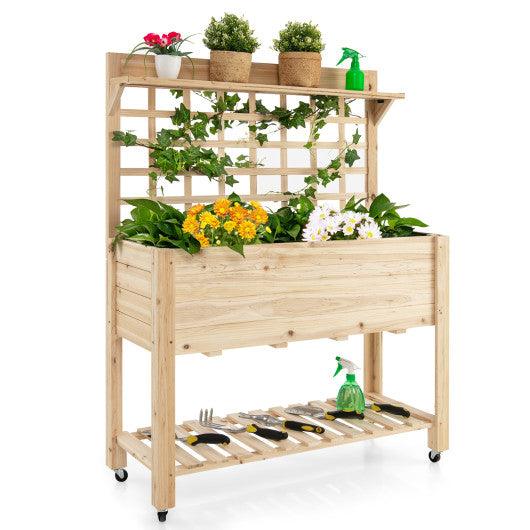 Wooden Raised Garden Bed with Wheels Trellis and Storage Shelf at Set Shop and Smile