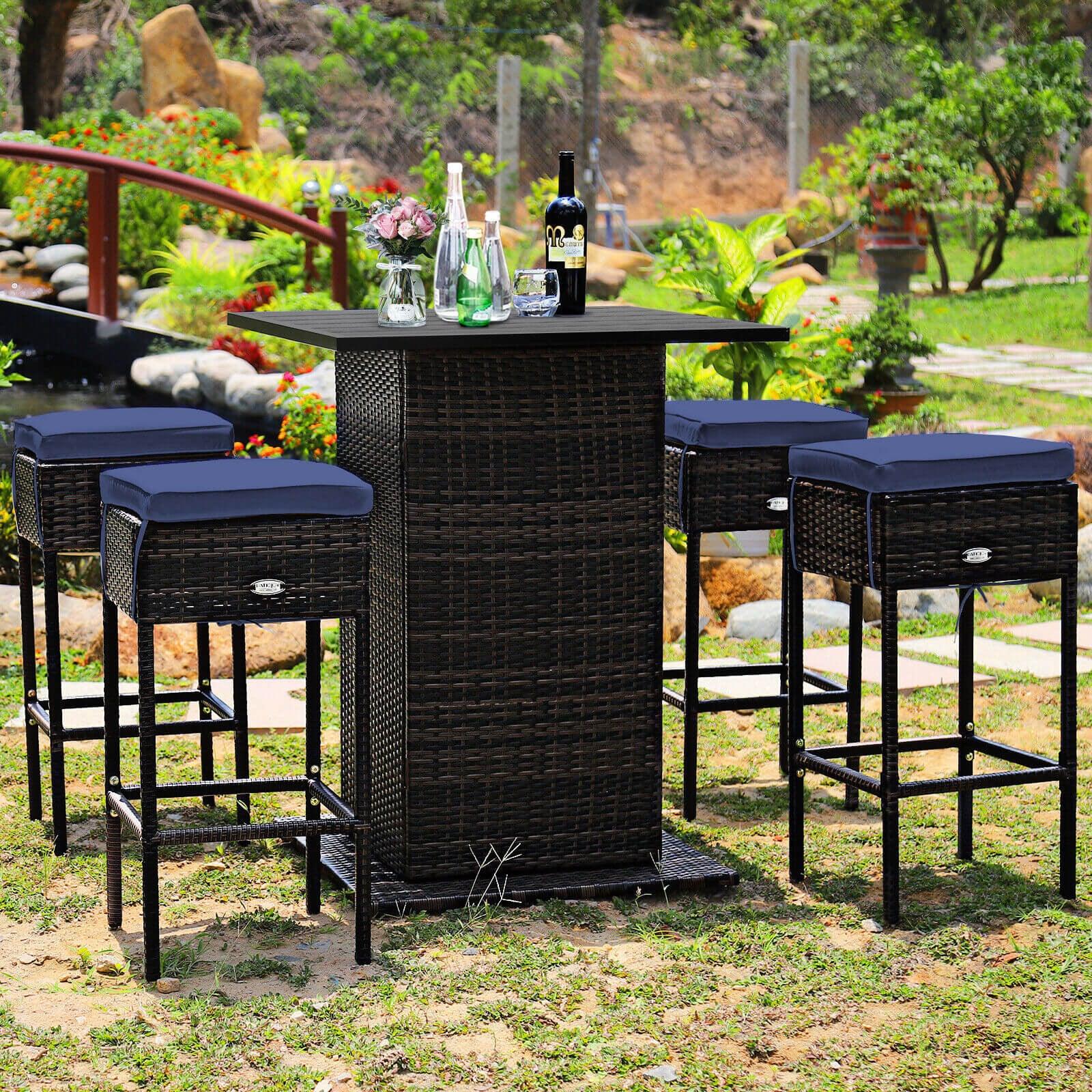 5 Pieces Patio Rattan Bar Table Stool Set Hidden Storage Shelf Cushioned-Navy at Set Shop and Smile