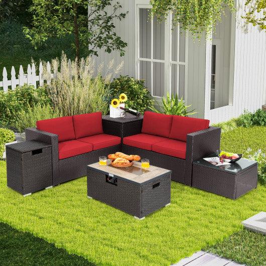 6 Pieces Outdoor Wicker Furniture Set with 32 Inch Propane Fire Pit Table-Red at Set Shop and Smile