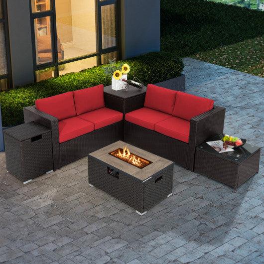 6 Pieces Outdoor Wicker Furniture Set with 32 Inch Propane Fire Pit Table-Red at Set Shop and Smile