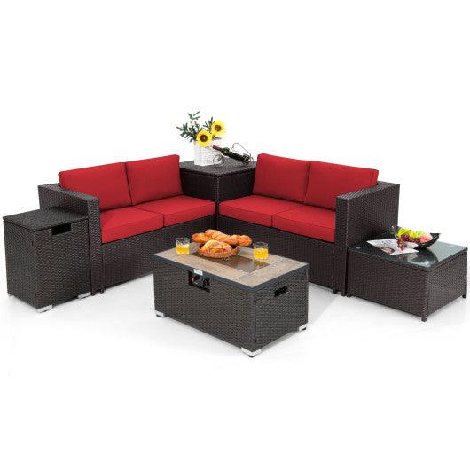 6 Pieces Outdoor Wicker Furniture Set with 32 Inch Propane Fire Pit Table-Red at Set Shop and Smile