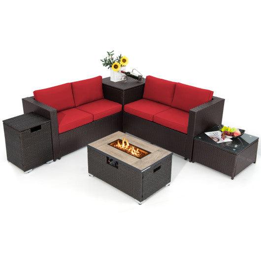6 Pieces Outdoor Wicker Furniture Set with 32 Inch Propane Fire Pit Table-Red at Set Shop and Smile