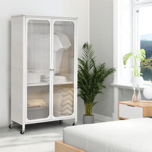 Rolling Storage Armoire Closet with Hanging Rod and Adjustable Shelf-White at Set Shop and Smile