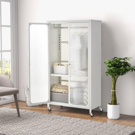 Rolling Storage Armoire Closet with Hanging Rod and Adjustable Shelf-White at Set Shop and Smile
