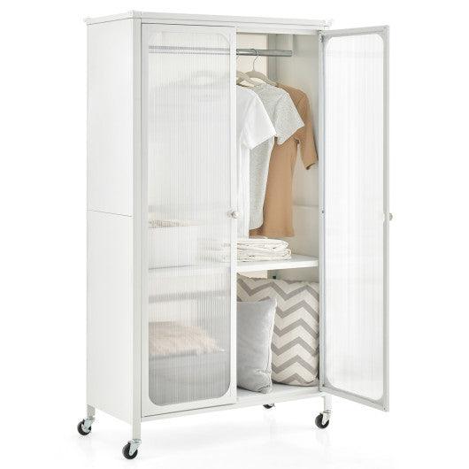 Rolling Storage Armoire Closet with Hanging Rod and Adjustable Shelf-White at Set Shop and Smile