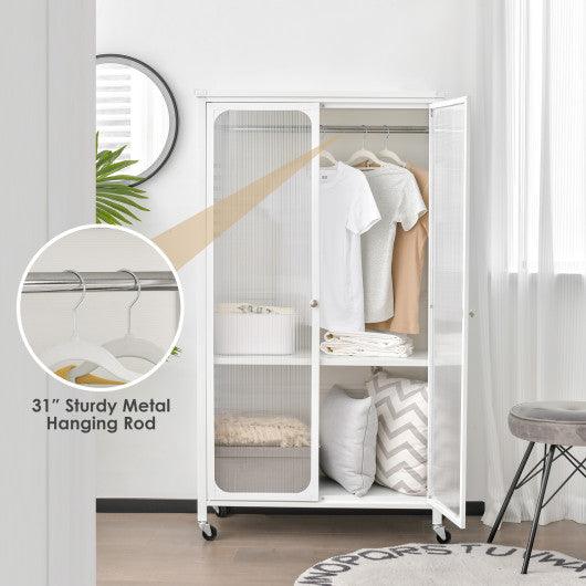 Rolling Storage Armoire Closet with Hanging Rod and Adjustable Shelf-White at Set Shop and Smile