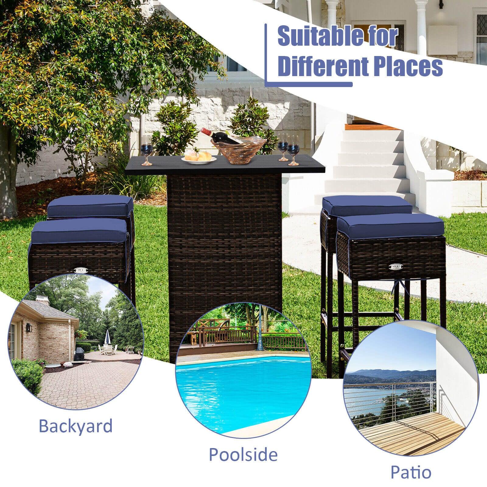 5 Pieces Patio Rattan Bar Table Stool Set Hidden Storage Shelf Cushioned-Navy at Set Shop and Smile
