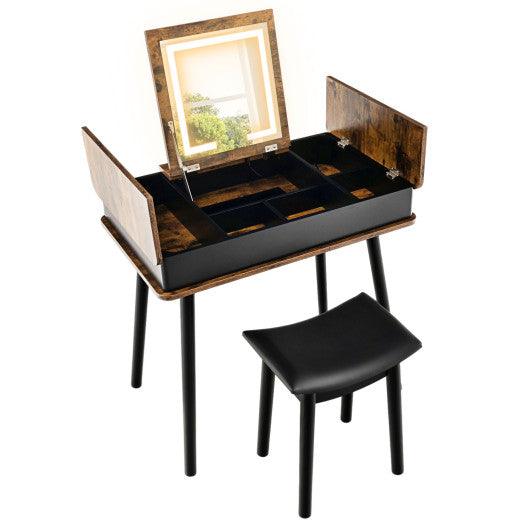 Vanity Table Set with Flip Top Mirror Lights USB Writing Desk and Stool-Brown at Set Shop and Smile