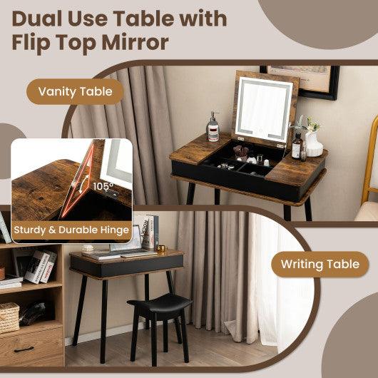 Vanity Table Set with Flip Top Mirror Lights USB Writing Desk and Stool-Brown at Set Shop and Smile