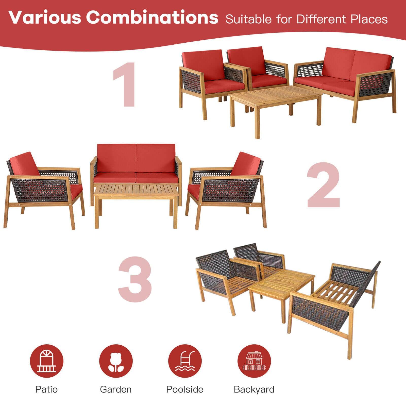 4 Pieces Patio Rattan Furniture Set with Removable Cushions-Red at Set Shop and Smile
