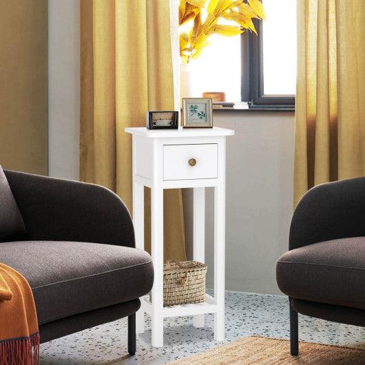 2 Tier Slim Nightstand Bedside Table with Drawer Shelf-White at Set Shop and Smile