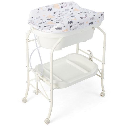 Folding Baby Changing Table with Bathtub and 4 Universal Wheels-White at Set Shop and Smile