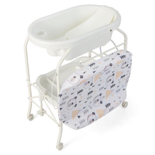 Folding Baby Changing Table with Bathtub and 4 Universal Wheels-White at Set Shop and Smile