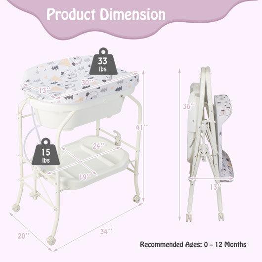 Folding Baby Changing Table with Bathtub and 4 Universal Wheels-White at Set Shop and Smile