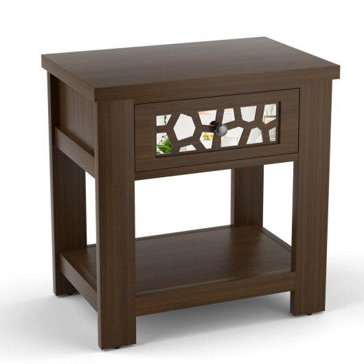 Wood Retro End Table with Mirrored Glass Drawer and Open Storage Shelf-Brown at Set Shop and Smile