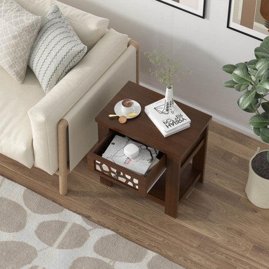 Wood Retro End Table with Mirrored Glass Drawer and Open Storage Shelf-Brown at Set Shop and Smile