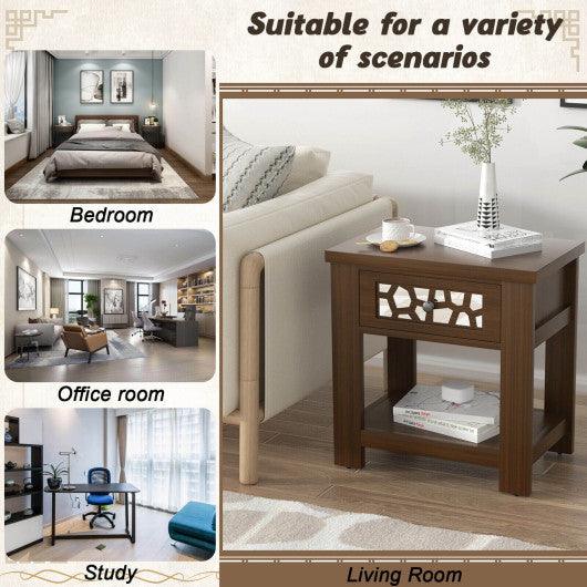 Wood Retro End Table with Mirrored Glass Drawer and Open Storage Shelf-Brown at Set Shop and Smile