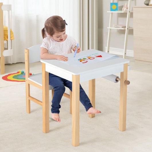 Kids Art Table and Chair Set with Drawer Paper Roll and 2 Markers-White at Set Shop and Smile