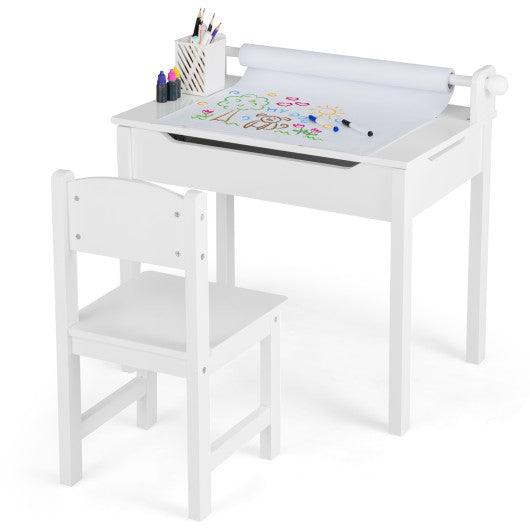 Wooden Kids Table and Chair Set with Storage and Paper Roll Holder-White at Set Shop and Smile