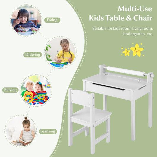 Wooden Kids Table and Chair Set with Storage and Paper Roll Holder-White at Set Shop and Smile