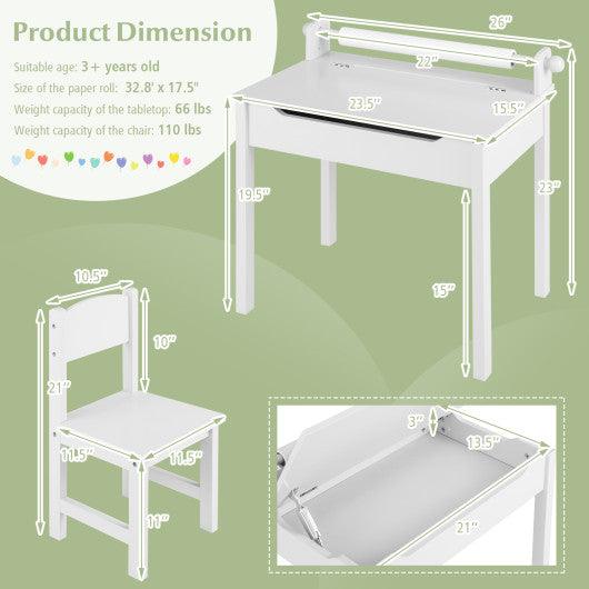 Wooden Kids Table and Chair Set with Storage and Paper Roll Holder-White at Set Shop and Smile
