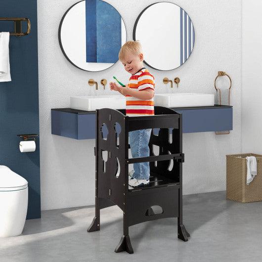 Folding Wooden Step Stool with Lockable Safety Rail for Toddler 3+-Coffee at Set Shop and Smile