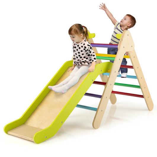 2-in-1 Wooden Triangle Climber Set with Gradient Adjustable Slide-Multicolor at Set Shop and Smile
