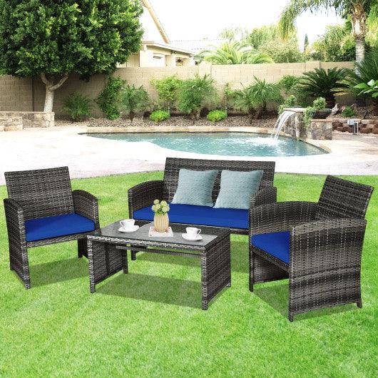 4 Pieces Patio Rattan Furniture Set with Glass Table and Loveseat-Navy at Set Shop and Smile