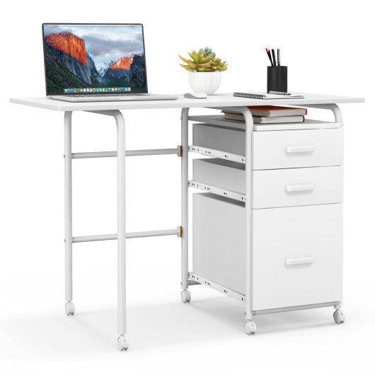 Home Office Folding Computer Laptop Desk Wheeled with 3 Drawers-White at Set Shop and Smile