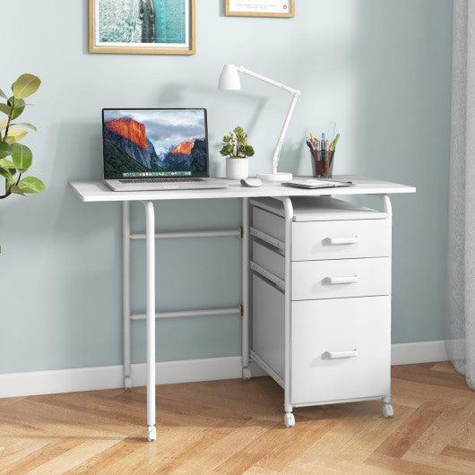 Home Office Folding Computer Laptop Desk Wheeled with 3 Drawers-White at Set Shop and Smile