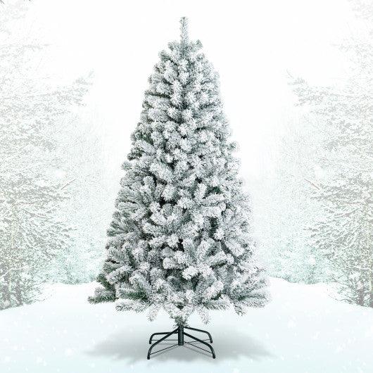 6 Feet Artificial Snow Decorated Flocked Hinged Christmas Tree with Metal Stand at Set Shop and Smile