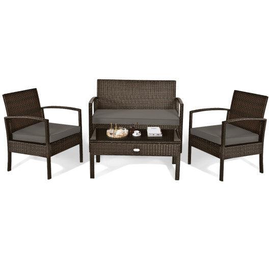 4 Pieces Patio Rattan Cushioned Furniture Set with Loveseat and Table -Brown at Set Shop and Smile