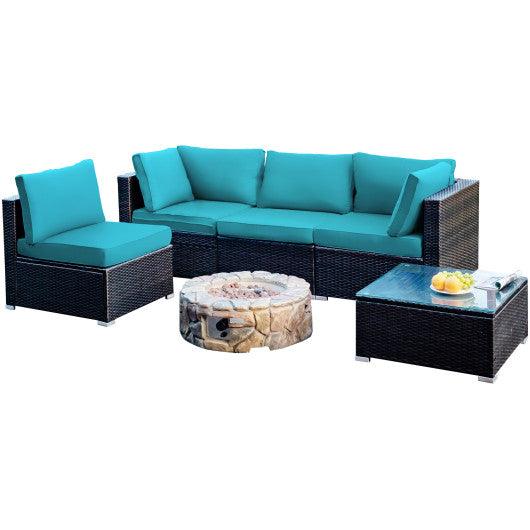 5 Pieces Cushioned Patio Rattan Furniture Set with Glass Table-Turquoise at Set Shop and Smile
