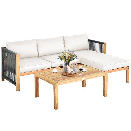 3 Pieces Patio Acacia Wood Sofa Furniture Set with Nylon Rope Armrest-White at Set Shop and Smile