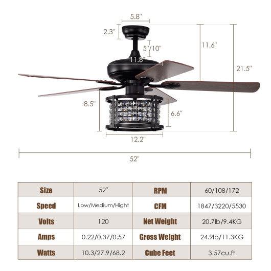 52 Inch 3-Speed Crystal Ceiling Fan Light with Remote Control-Black at Set Shop and Smile
