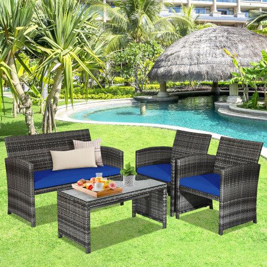 4 Pieces Patio Rattan Furniture Set with Glass Table and Loveseat-Navy at Set Shop and Smile