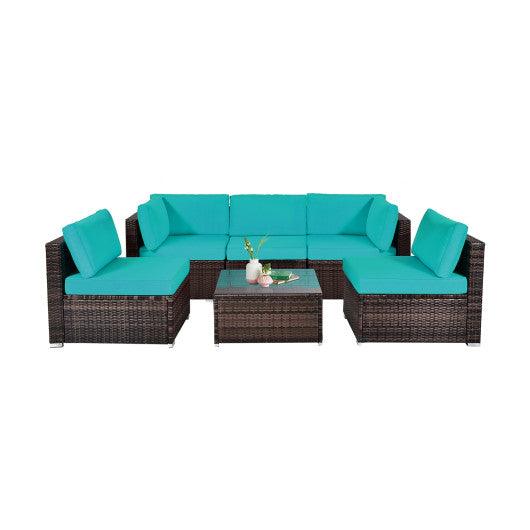 6 Pieces Patio Rattan Furniture Set with Cushions and Glass Coffee Table-Turquoise at Set Shop and Smile