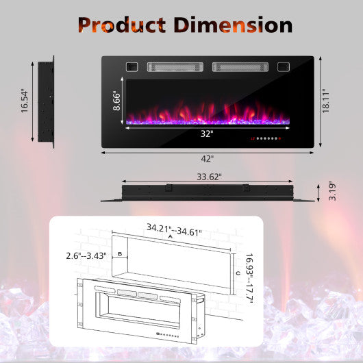 42 Inch Ultra-Thin Electric Fireplace with Decorative Crystals and Smart APP Control-42 inch - Set Shop and Smile