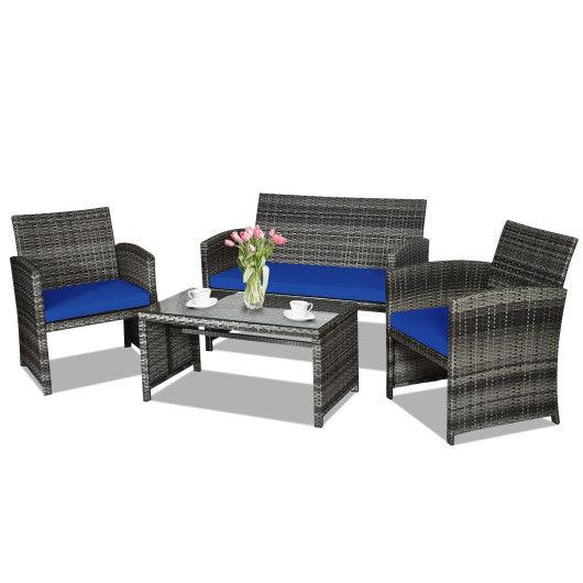 4 Pieces Patio Rattan Furniture Set with Glass Table and Loveseat-Navy at Set Shop and Smile