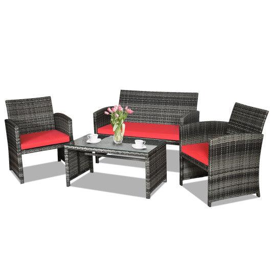 4 Pieces Patio Rattan Furniture Set with Cushions-Red at Set Shop and Smile