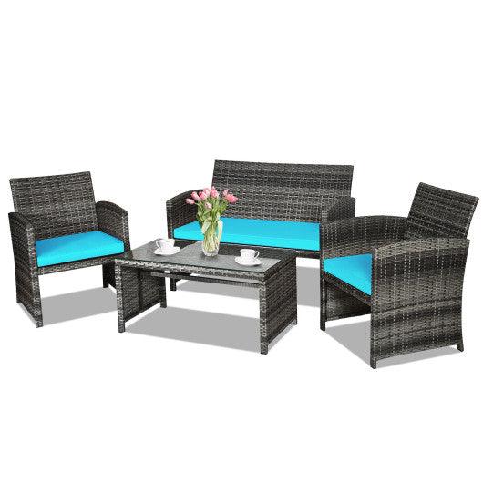 4 Pieces Patio Rattan Furniture Set with Cushions-Turquoise at Set Shop and Smile