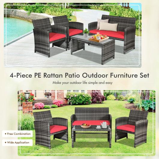 4 Pieces Patio Rattan Furniture Set with Cushions-Red at Set Shop and Smile