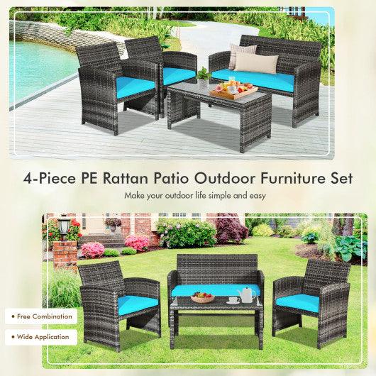 4 Pieces Patio Rattan Furniture Set with Cushions-Turquoise at Set Shop and Smile