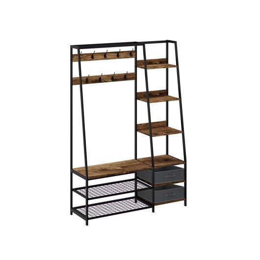 6-in-1 Freestanding Hall Tree Coat Rack with Bench and Fabric Dressers-Rustic Brown at Set Shop and Smile