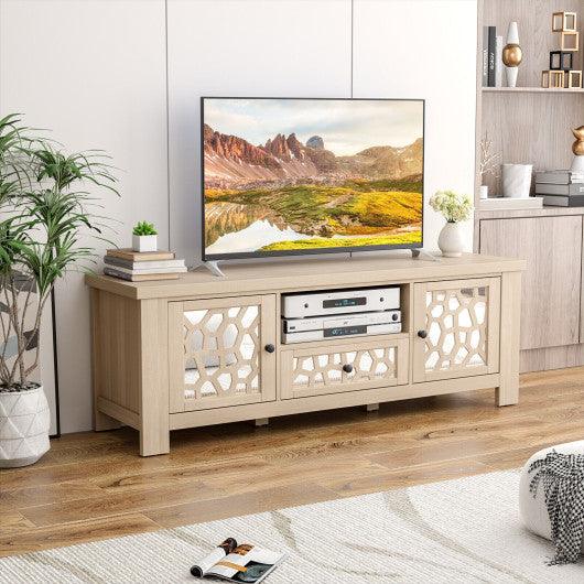 55 Inch Retro TV Stand Media Entertainment Center with Mirror Doors and Drawer-Natural at Set Shop and Smile